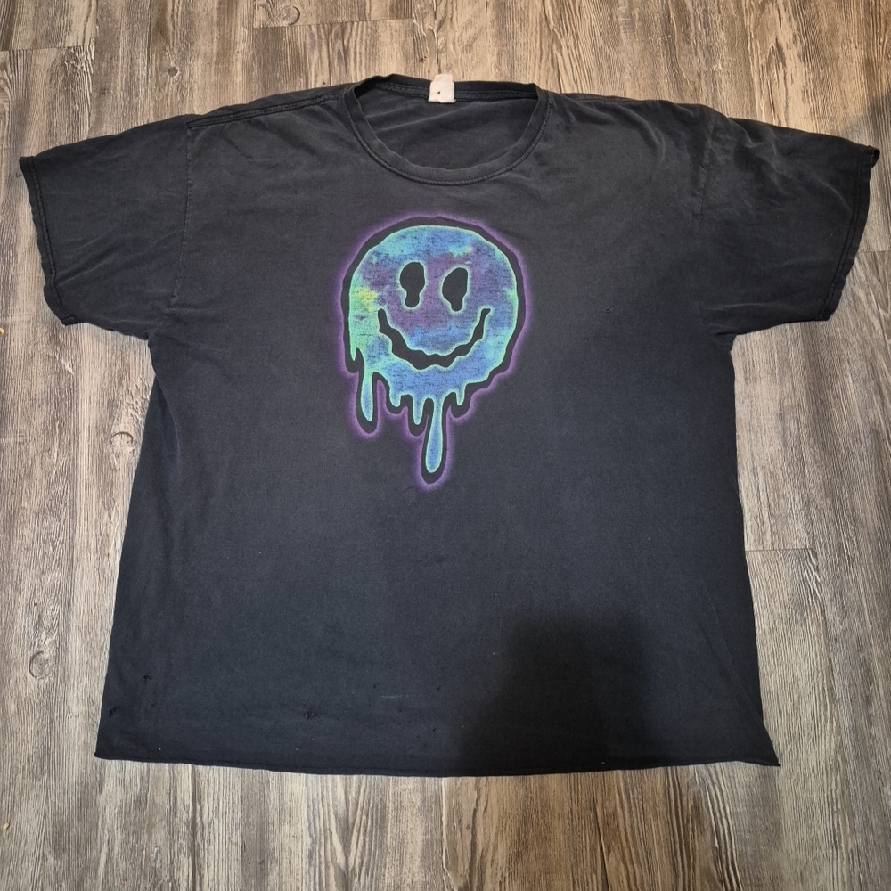Vintage Black T-Shirt with Dripping Smiley Face